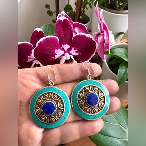 Vintage Ethnic Tribal Dangle Earrings Inlay Stones Set In Silver 2”in & 22grams